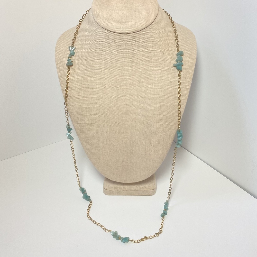 Blue Chalcedony Necklace Chip Silver Tone Long Station Chain Lobster Claw Clasp - Picture 2 of 9